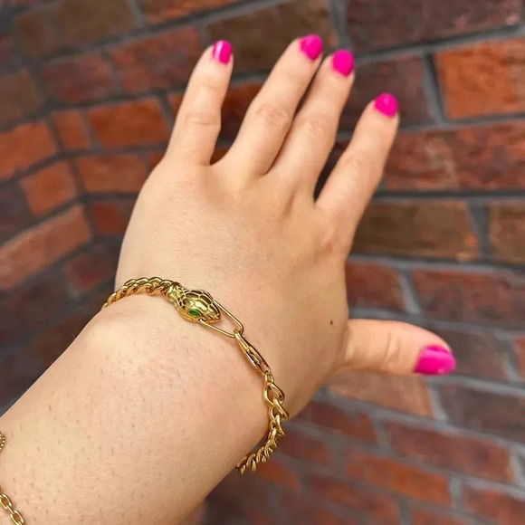 Serpenti Green Eyes Snake 18K Gold Stainless Steel Waterproof Chain Bracelet - Picture 9 of 17